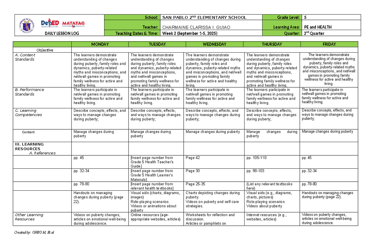 PE and Health 5 Q2 Daily Lesson Log: Understanding Puberty - Studocu
