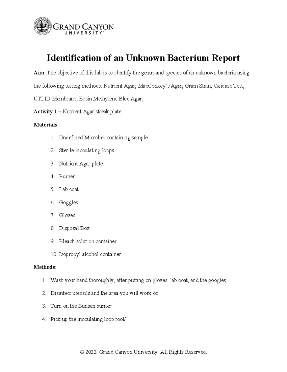 BIO-205L Lab Report: Identification of an Unknown Bacterium - Studocu