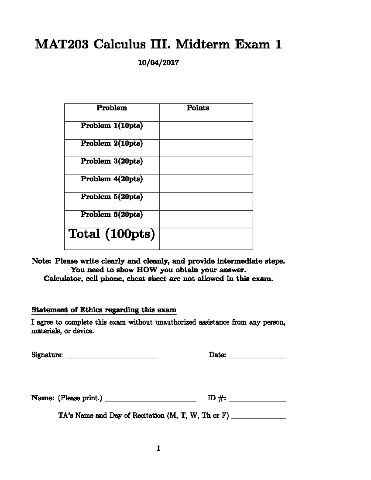 Samplemidterm 1b - practice midterm for exam 1 - MAT203 Calculus ...
