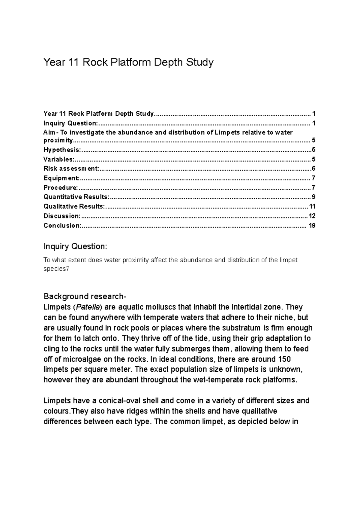 Year 11 Biology Depth Study: Limpet Abundance & Water Proximity - Studocu