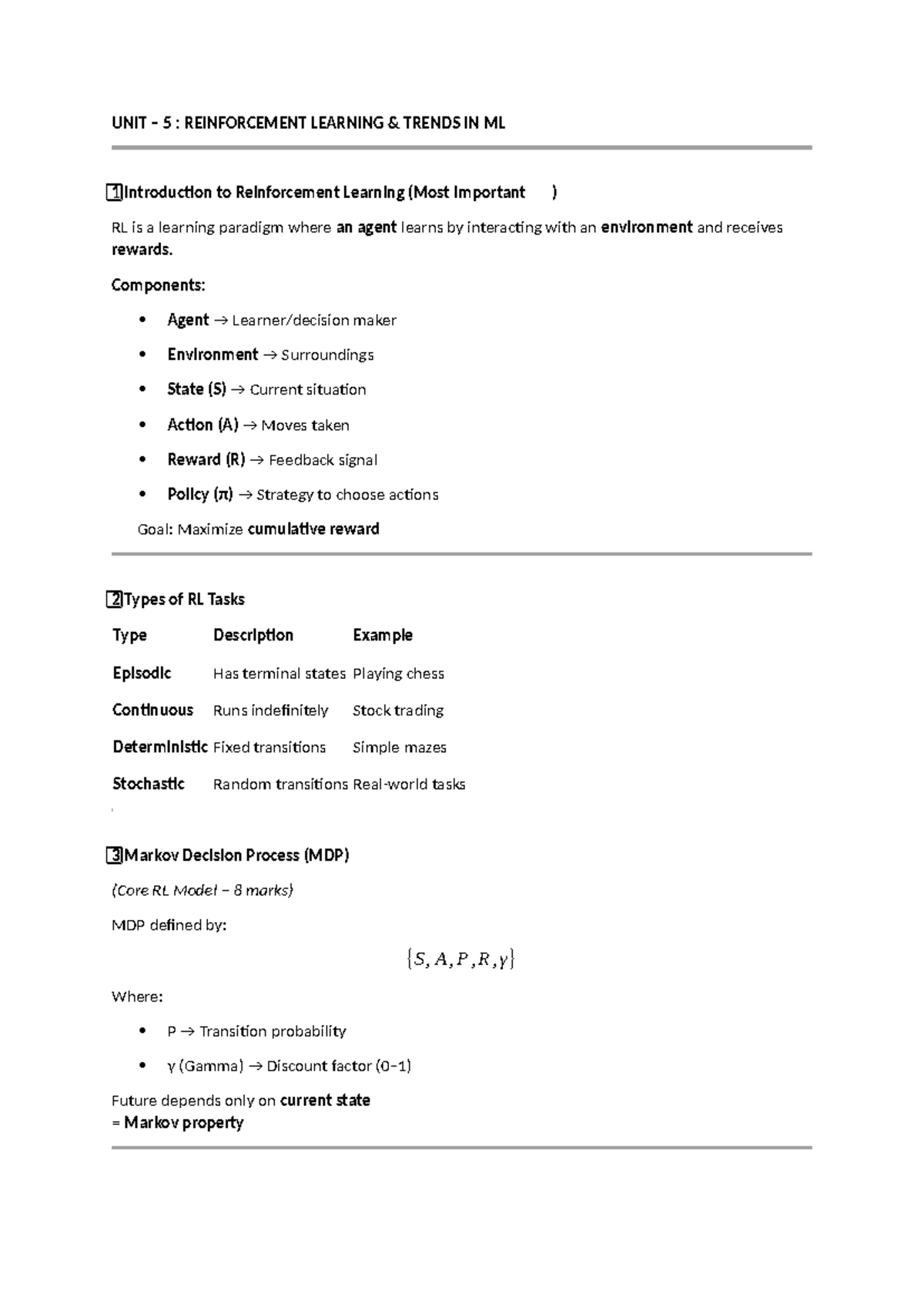 UNIT 5: REINFORCEMENT LEARNING TRENDS IN ML Notes - Studocu