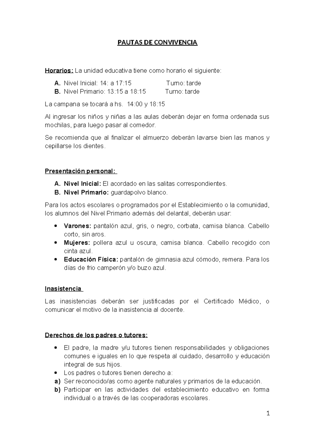 Pautas de Convivencia y Horarios Educativos - Studocu