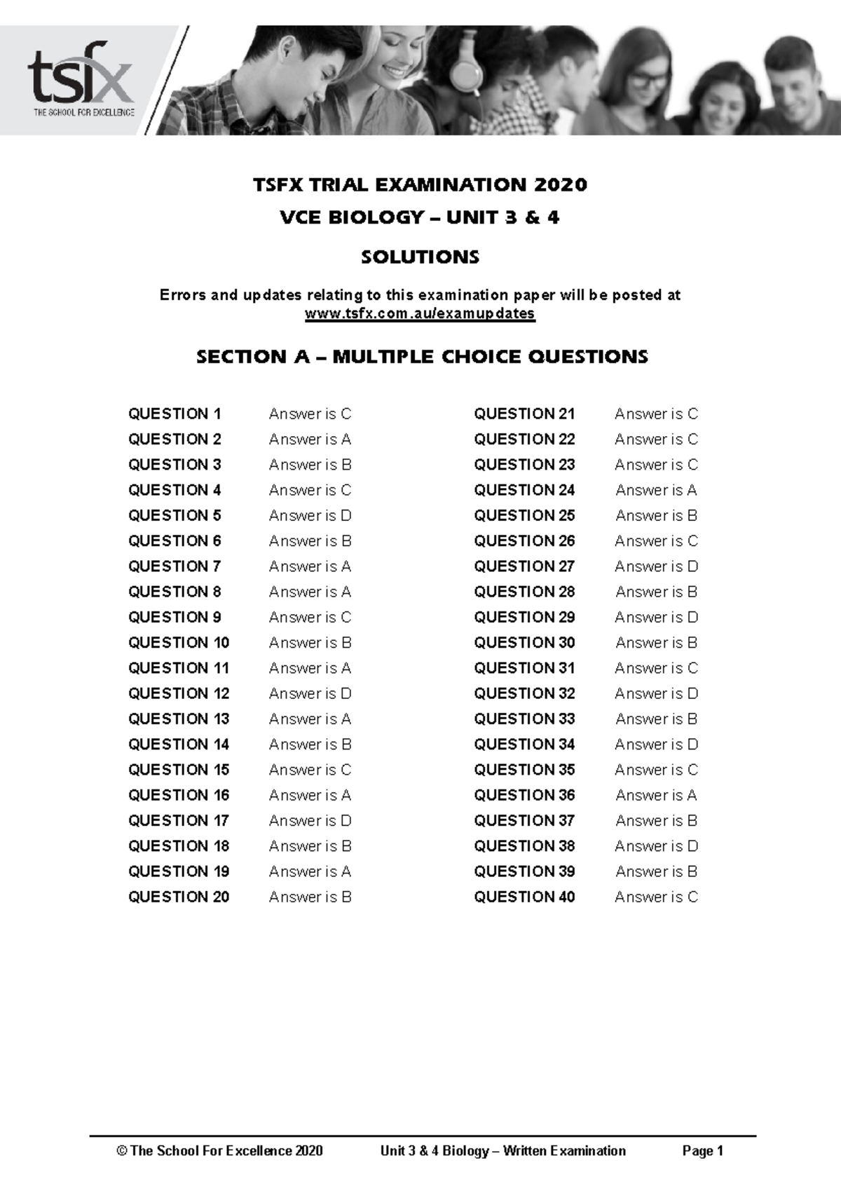 TSFX 2020 VCE Biology Unit 3 & 4 Trial Exam Solutions - Studocu