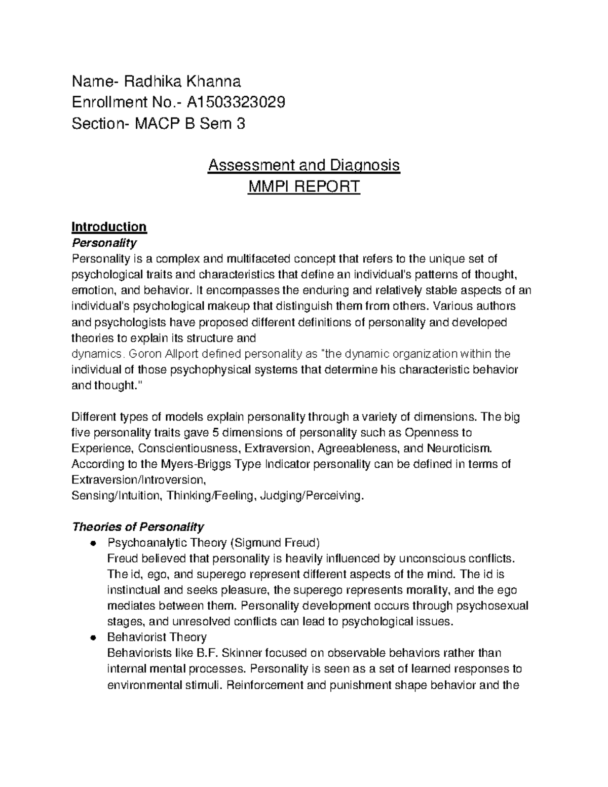 MACP 3 - Assessment 3: Personality and MMPI Analysis Report - Studocu