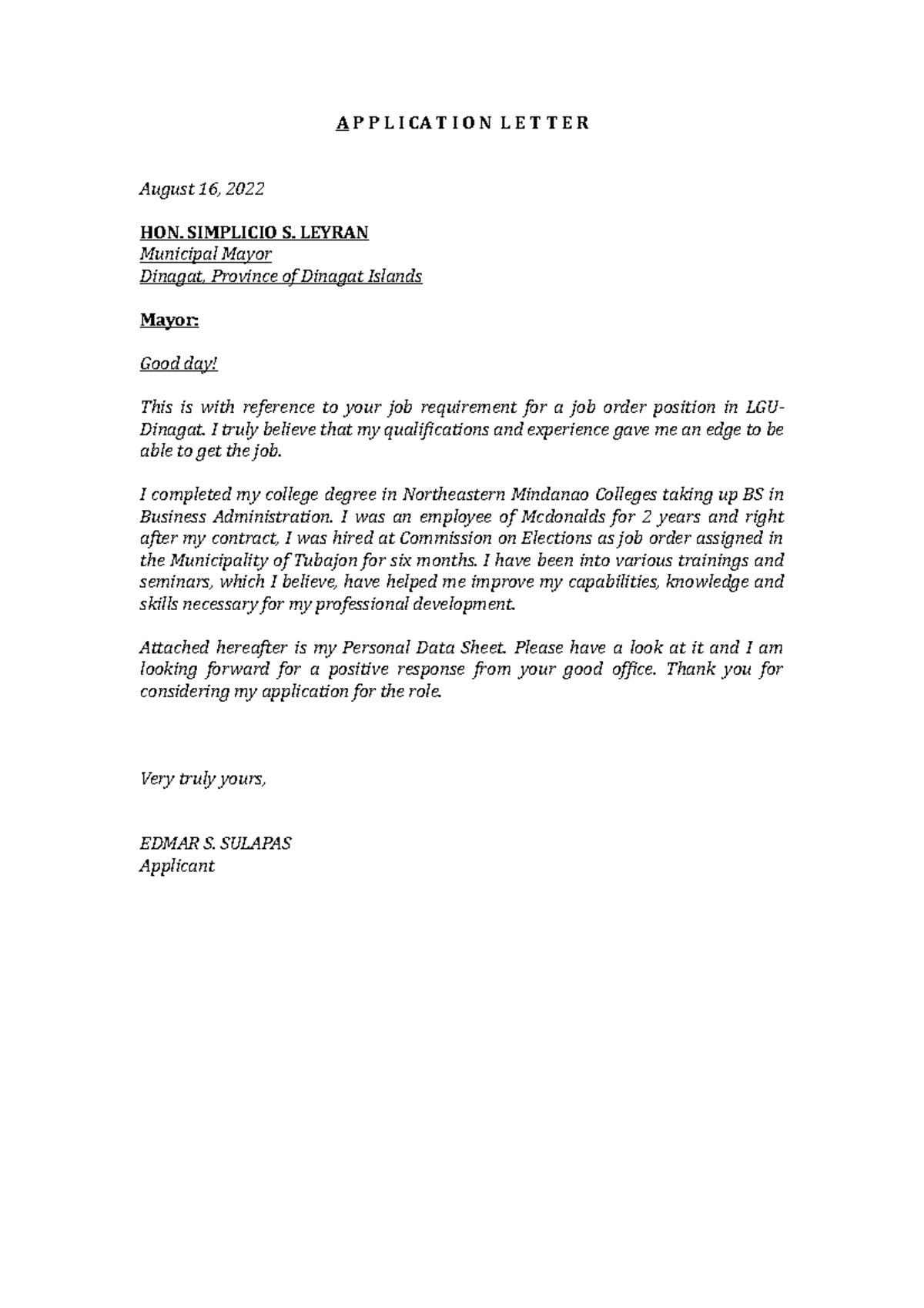 Application Letter Sample for Job Application (Edmar S. Sulapas) - Studocu
