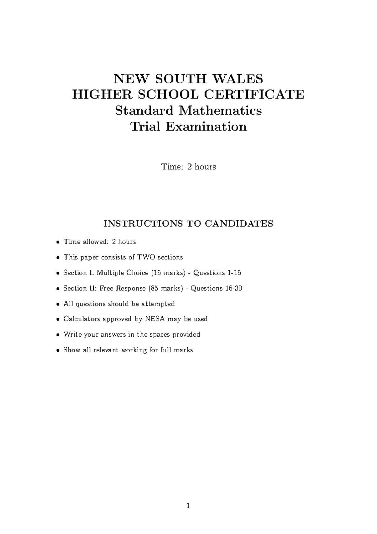 NSW HSC Standard Mathematics Trial Exam - 2 Hour Paper - Studocu