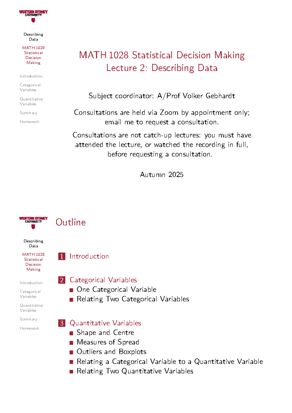 SDM Lect02 student - lecture - Describing Data MATH 1028 Statistical ...