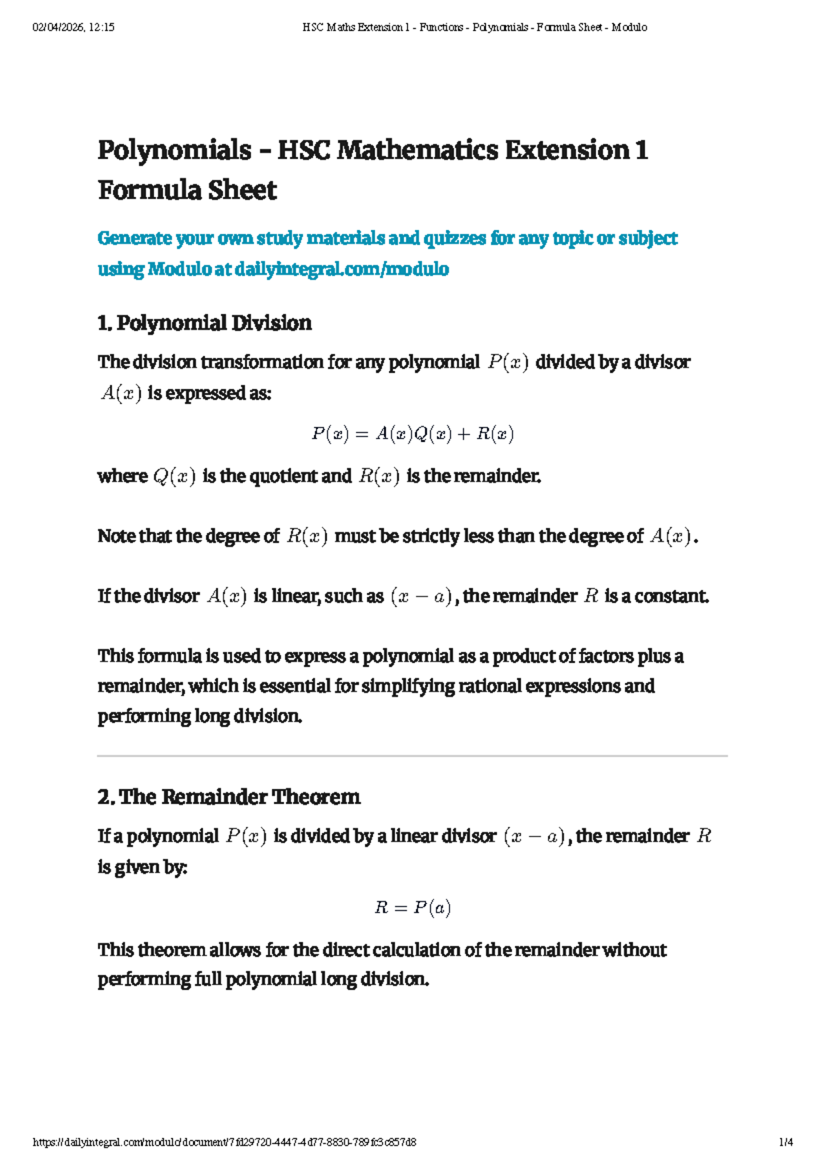 HSC Maths Extension 1 Functions & Polynomials Formula Sheet - Studocu