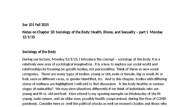 Soc 101 Fall 2025 Lecture Notes: Health, Illness & Sick Role Theory ...