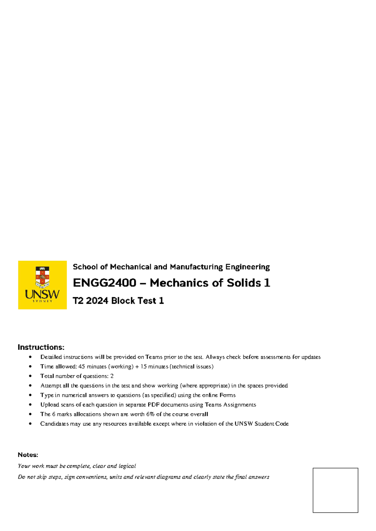 ENGG2400 T2 2024 Midterm Test Instructions and Solutions - Studocu