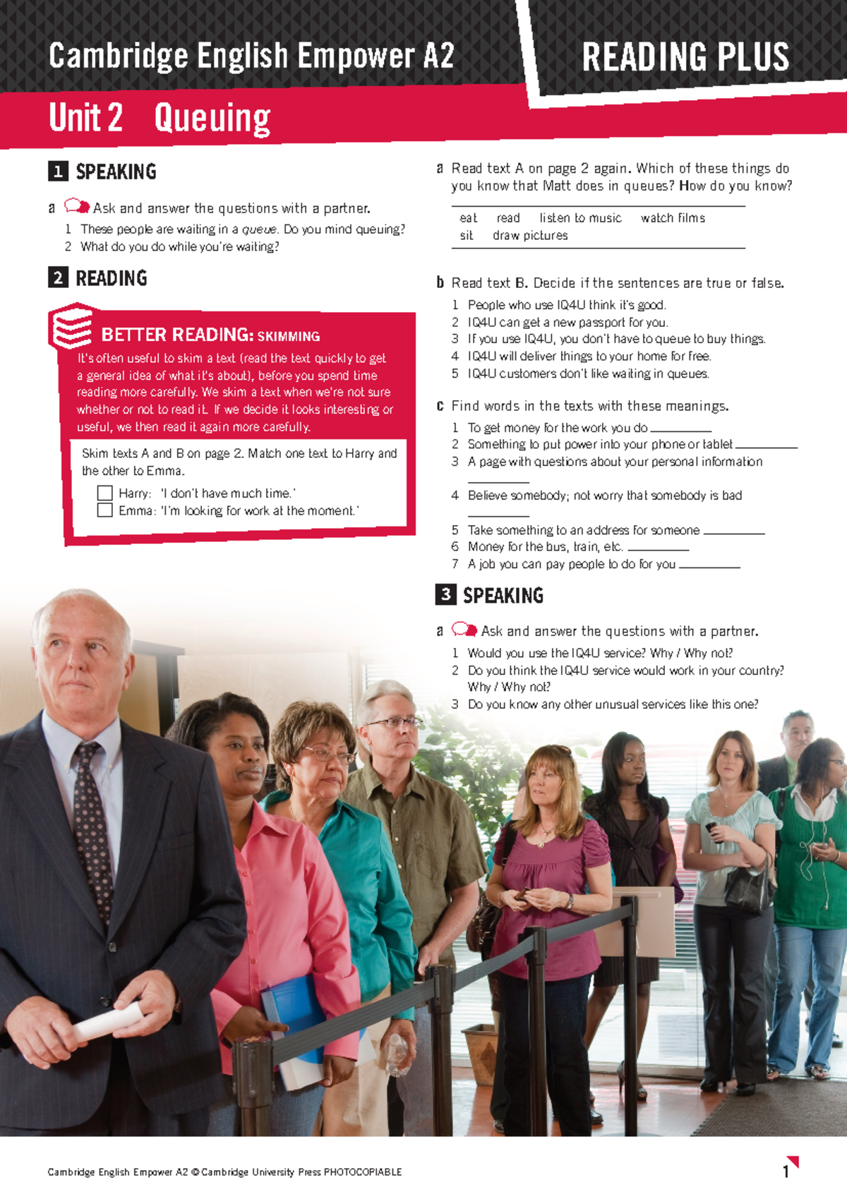 Cambridge English Empower A2 Unit 2 Queuing Reading Plus Worksheet ...