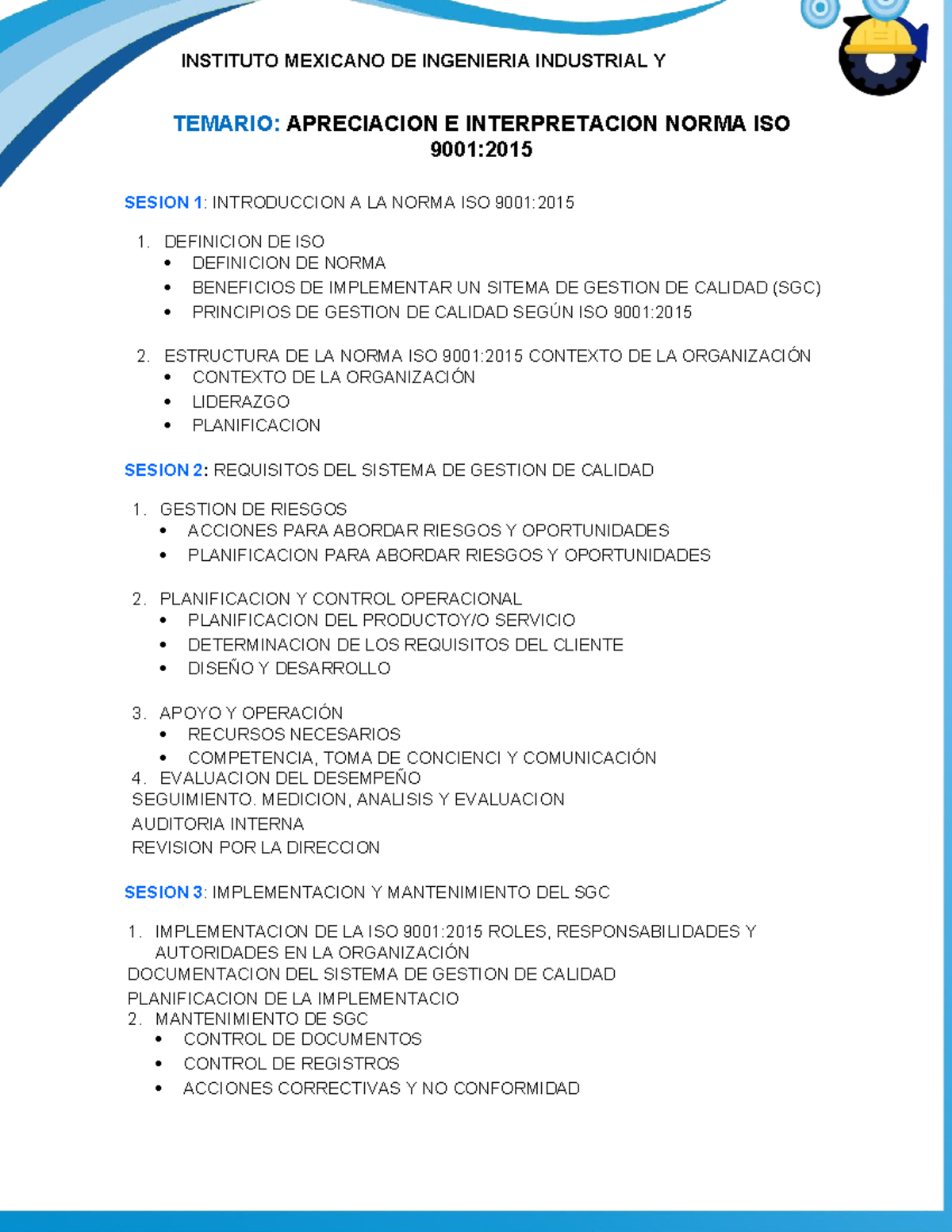 Temario del Curso ISO 9001:2015 en Gestión de Calidad - Studocu