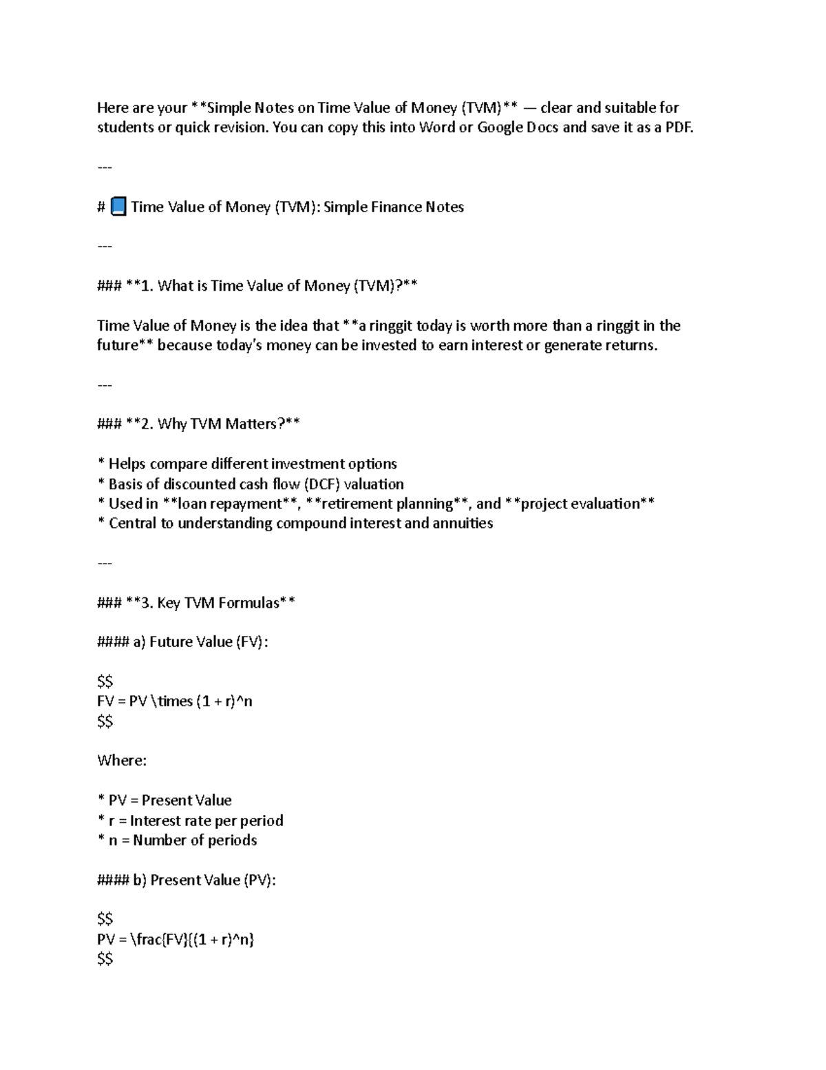 TMV 101: Basic Notes on Time Value of Money for Quick Revision - Studocu