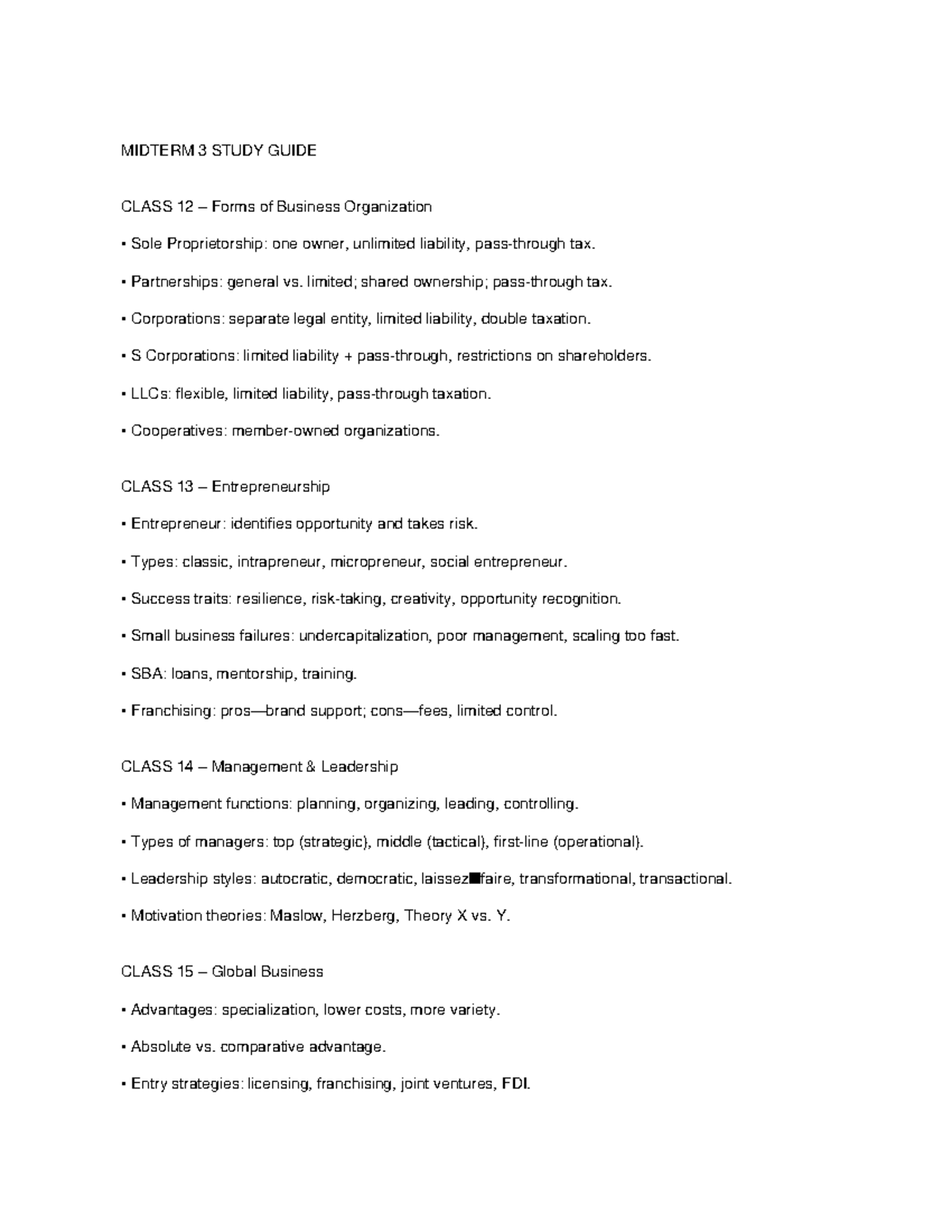 MIDTERM 3 STUDY GUIDE - Business Organization & Management - Studocu