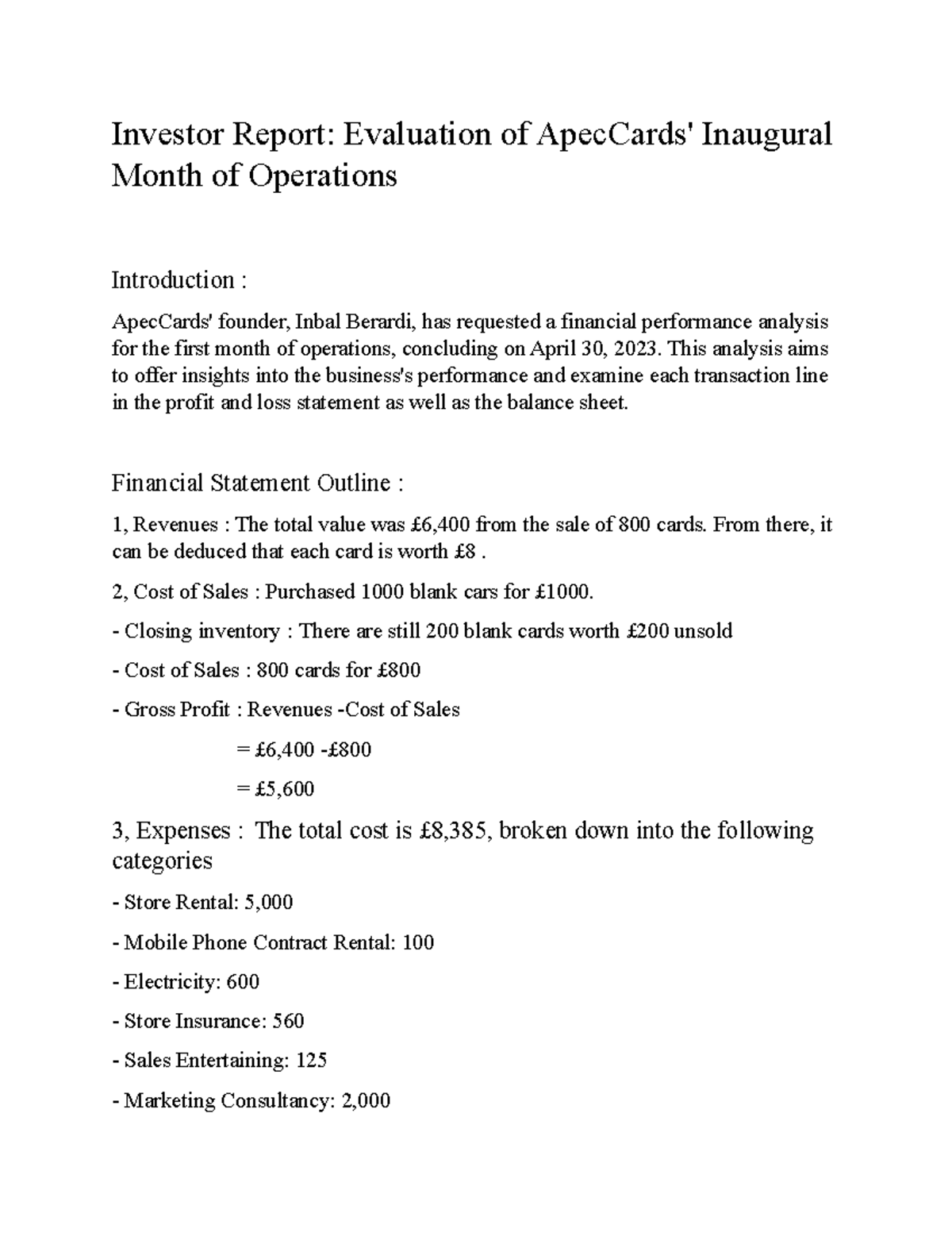 GBH2230331 - Investor Report: Financial Analysis of First Month ...