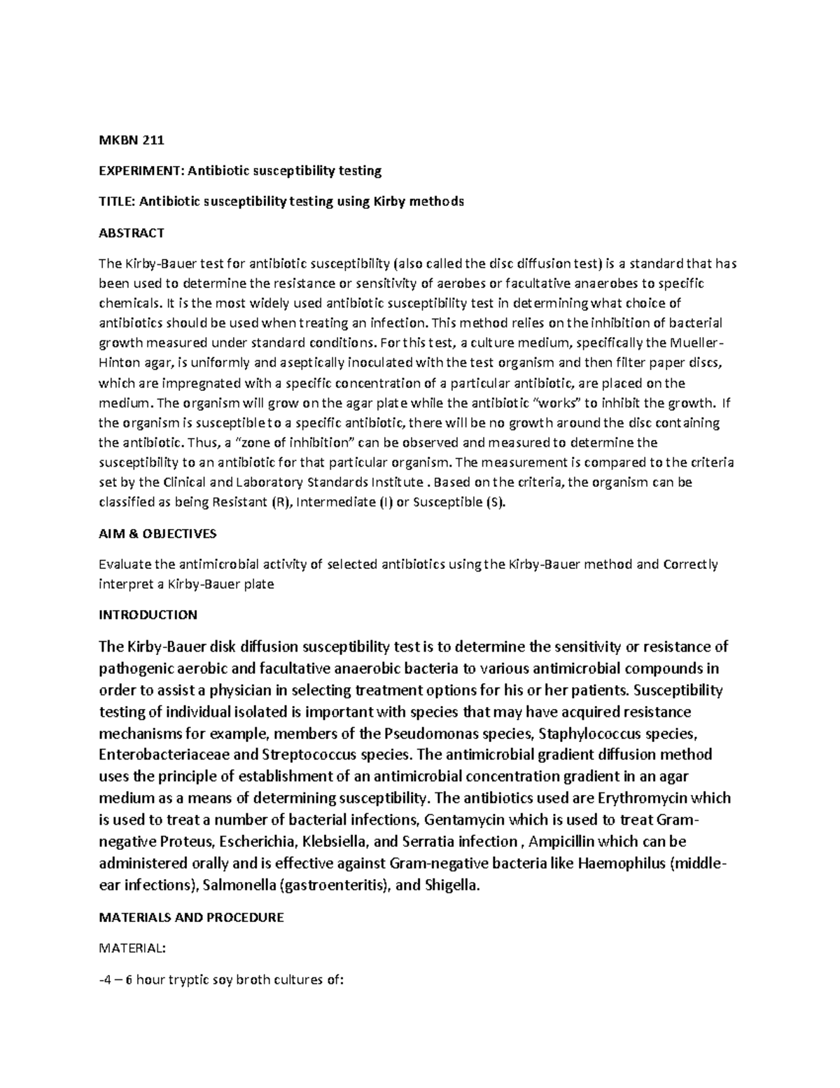 MKBN211 Antibiotic Susceptibility Testing via Kirby-Bauer Method - Studocu