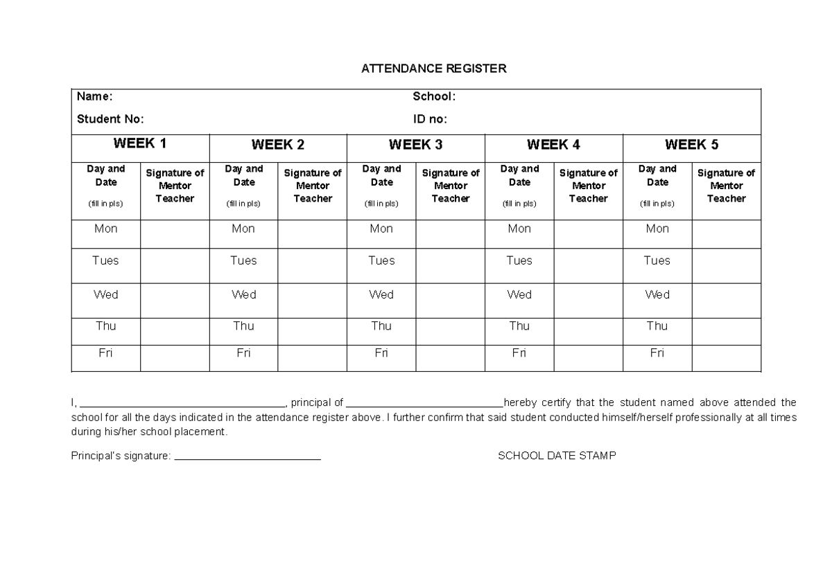 I-WIL 101 Attendance Register for Student Placement - Studocu