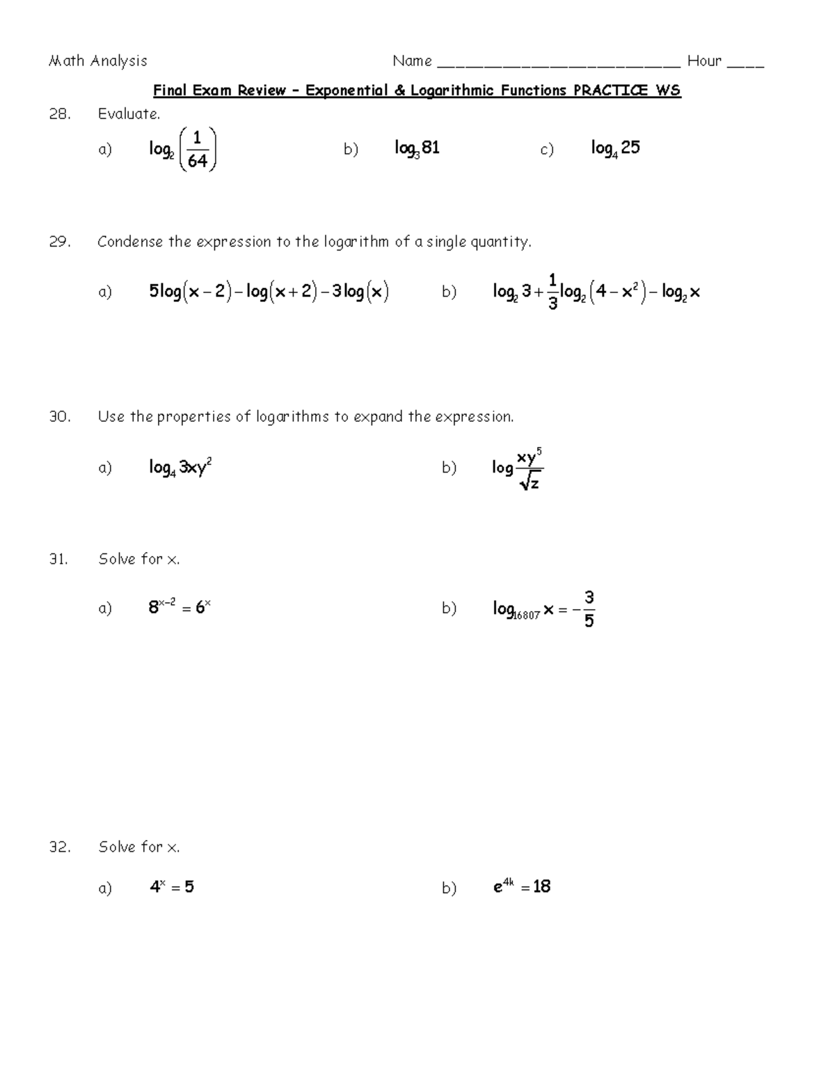 Final Exam Review: Exponential & Logarithmic Functions WS - Studocu