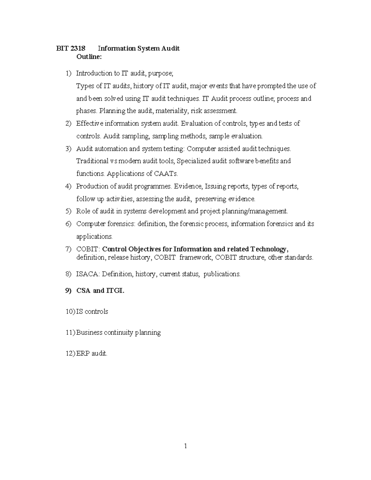 BIT 2318 Information Systems Audit: Comprehensive Study Notes - Studocu