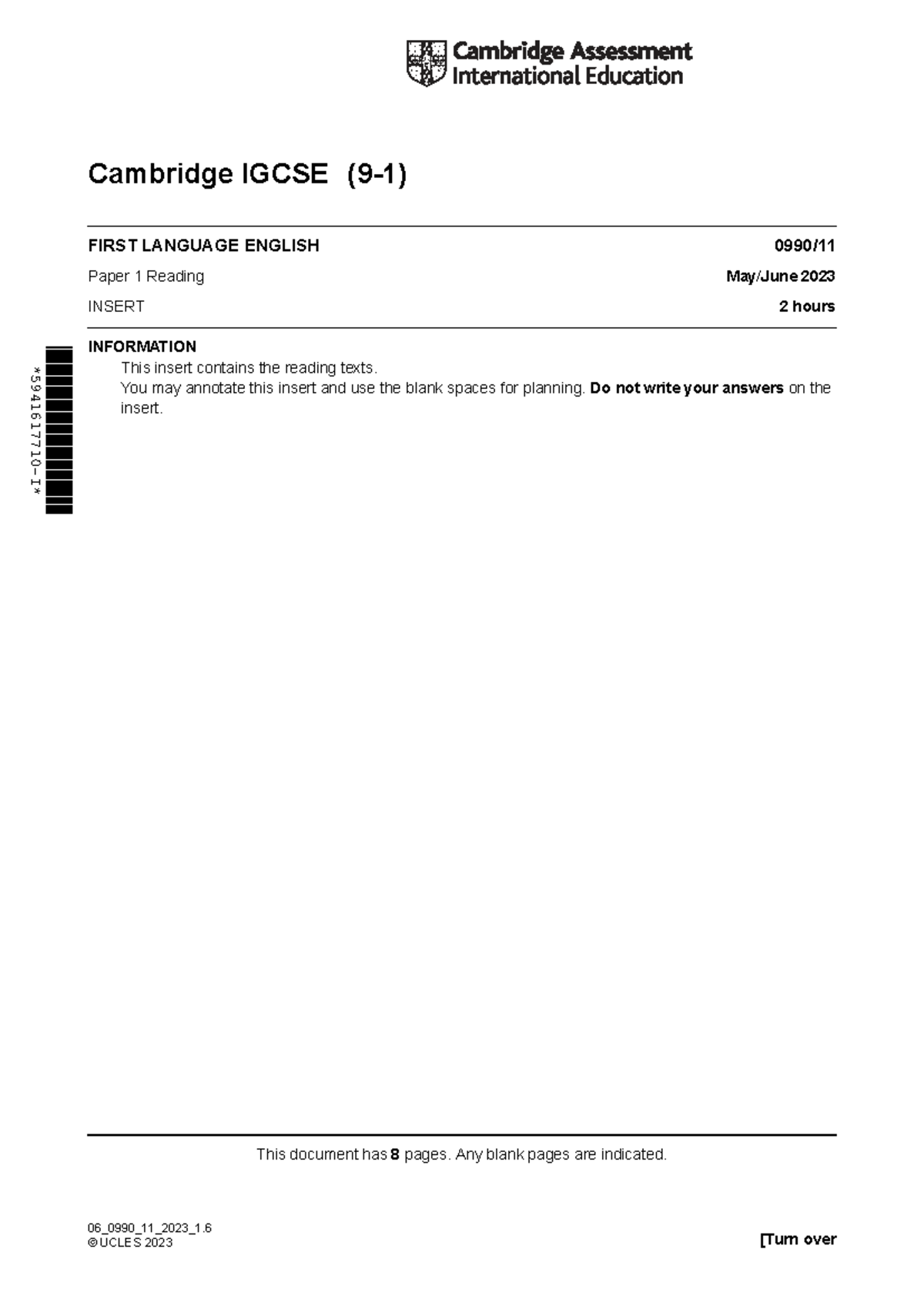 603004 IGCSE First Language English Paper 1 June 2023 Insert - Studocu