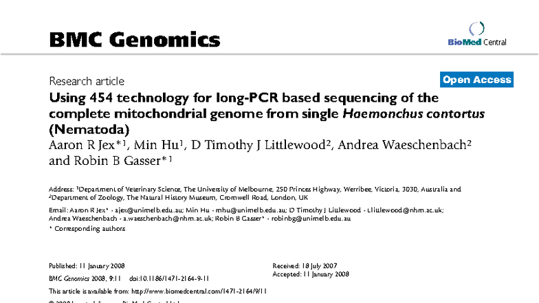 454 Technology for Sequencing the Complete Mitochondrial Genome of ...