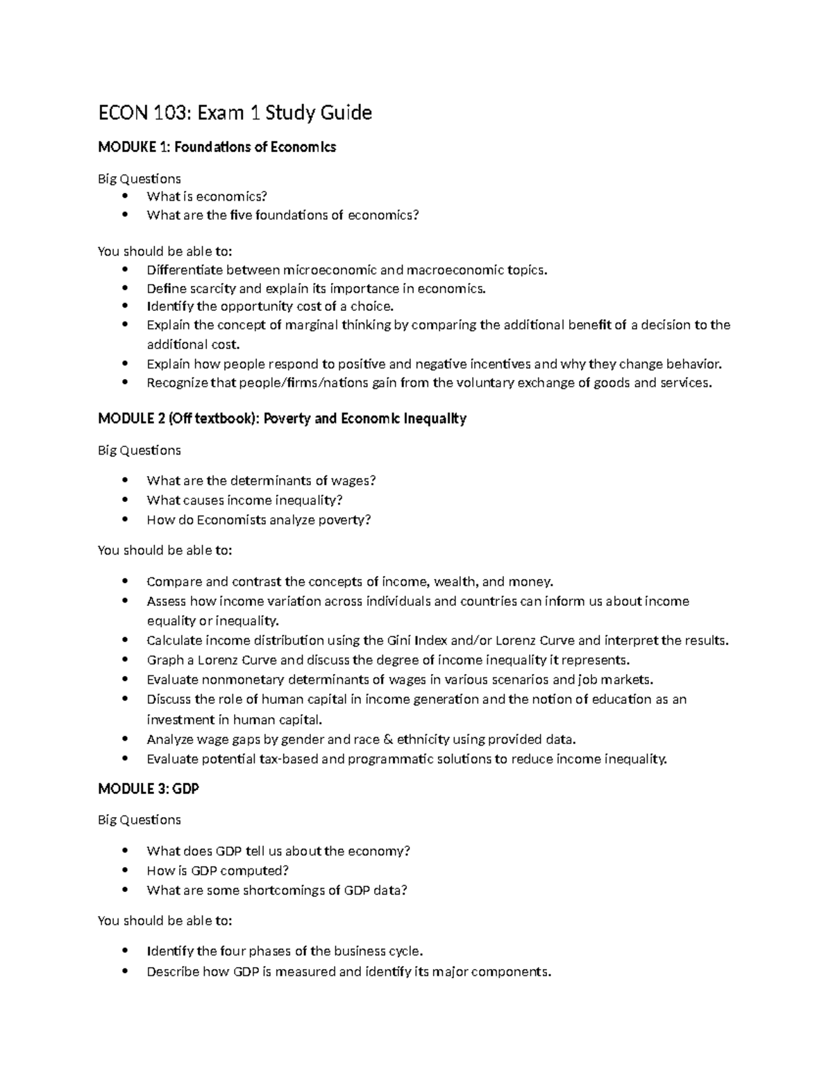 ECON 103: Exam 1 Study Guide on Economic Foundations & Key Concepts ...