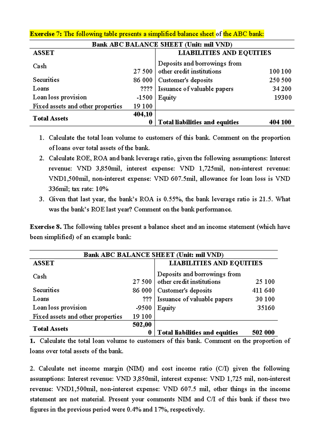 Bank ABC Financial Analysis Exercises: Balance Sheet & Performance ...
