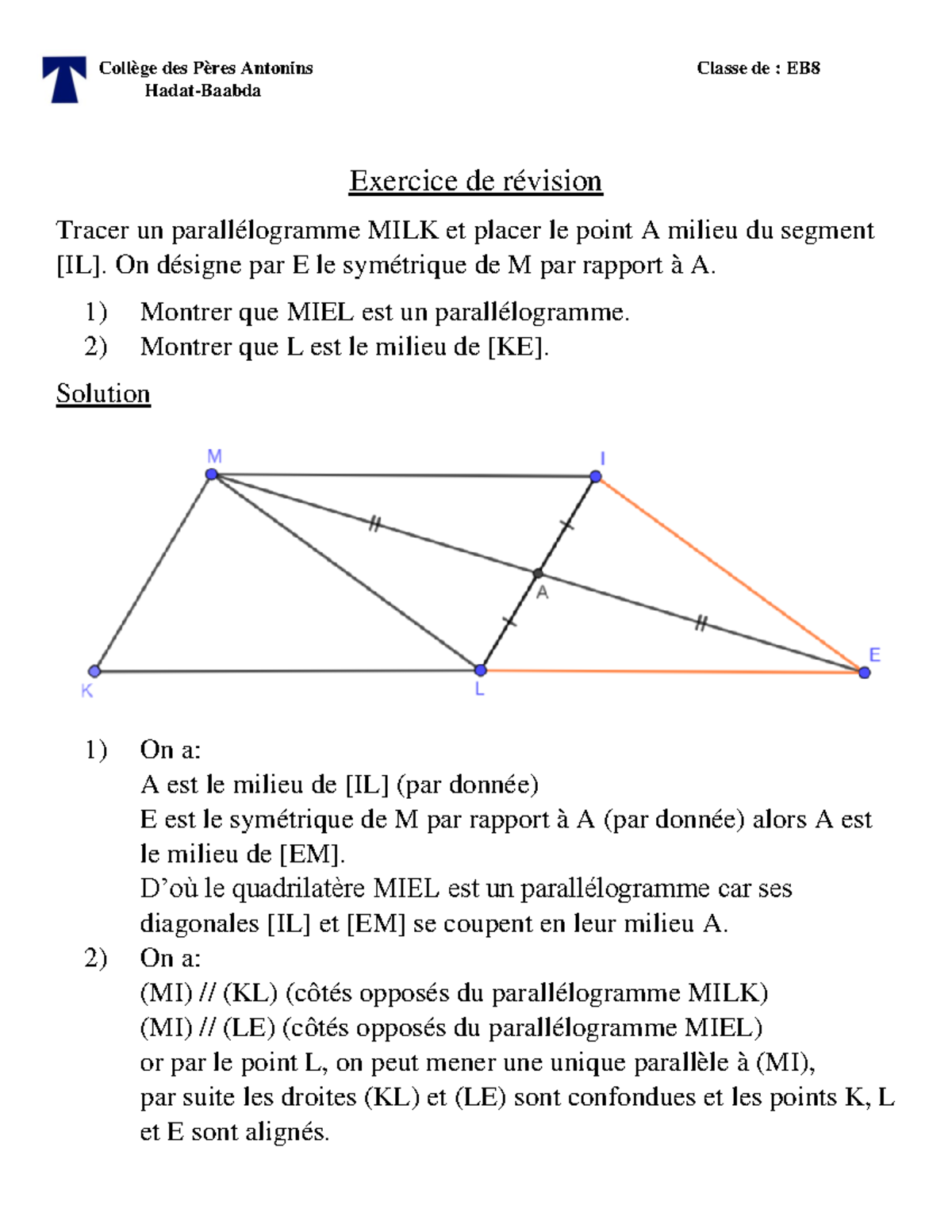 Math-EB 8: Exercice de Révision sur les Parallélogrammes - Studocu