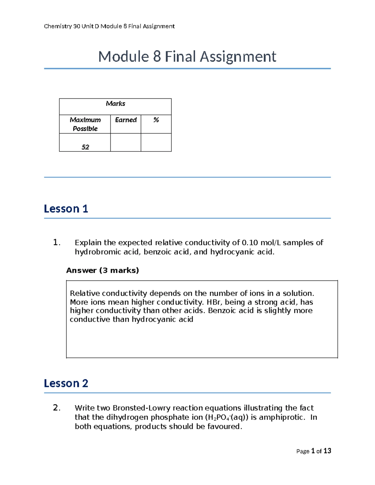 Chemistry 30 Unit C Module 5 Final Assignment Overview - Studocu