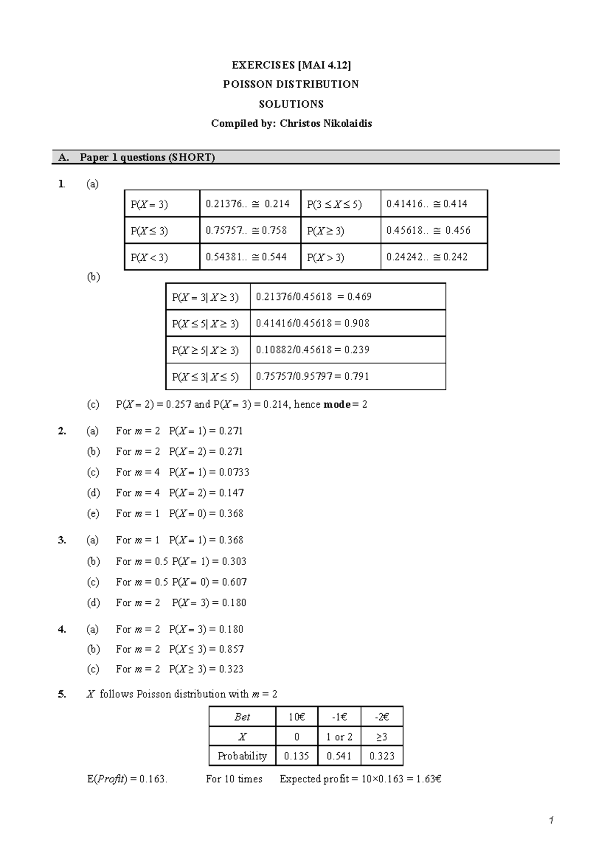 [MAI 4.12] Poisson Distribution solutions - EXERCISES [MAI 4] POISSON ...
