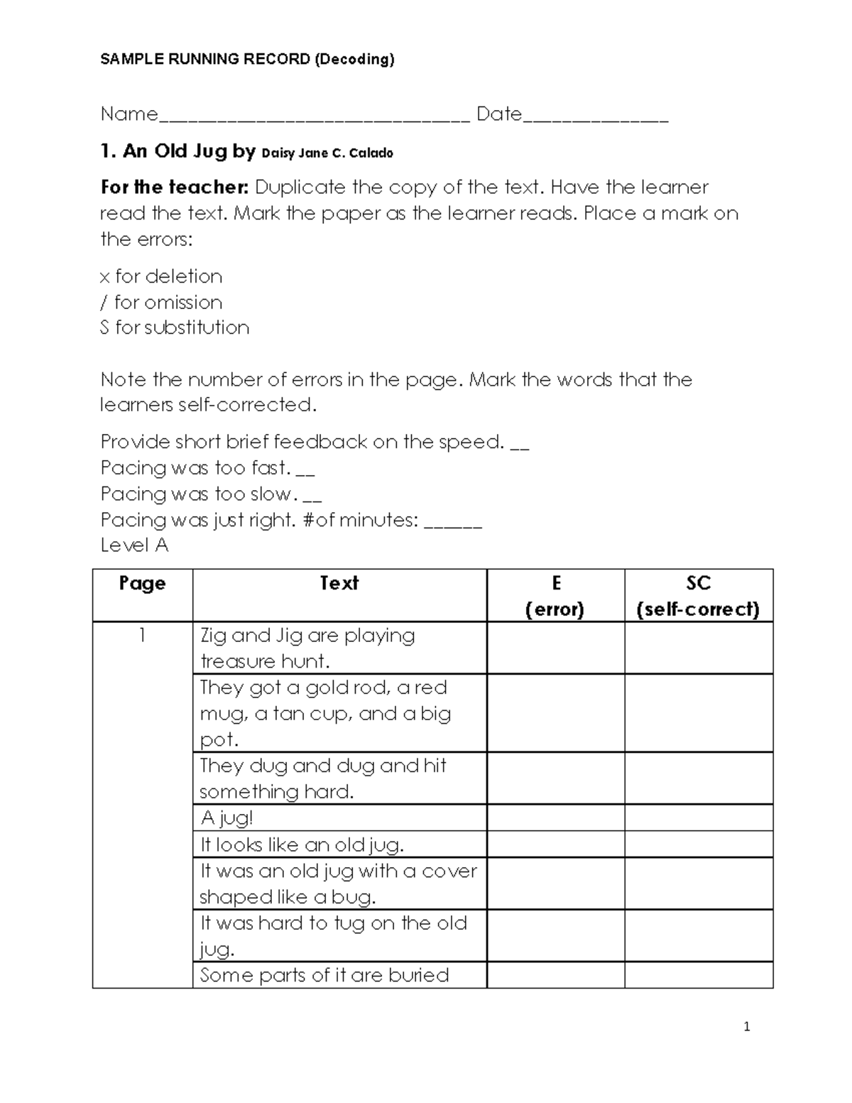 Sample Running Record Decoding Worksheet: An Old Jug - Studocu