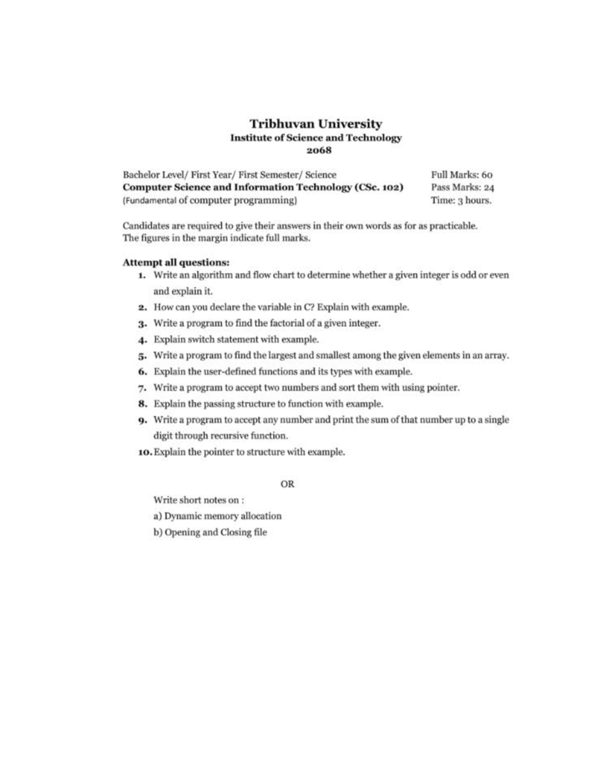 CSe. 102 Final Exam Notes: C Programming Fundamentals 2068 - Studocu