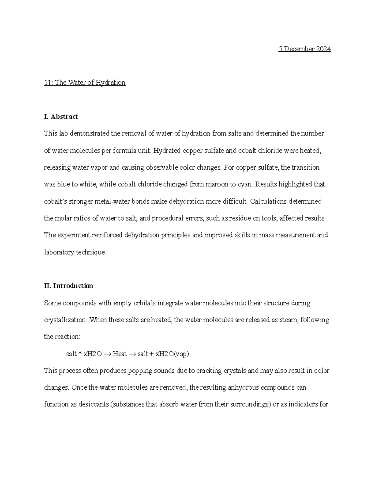 Experiment 11 The Water of Hydration - 5 December 2024 11: The Water of ...