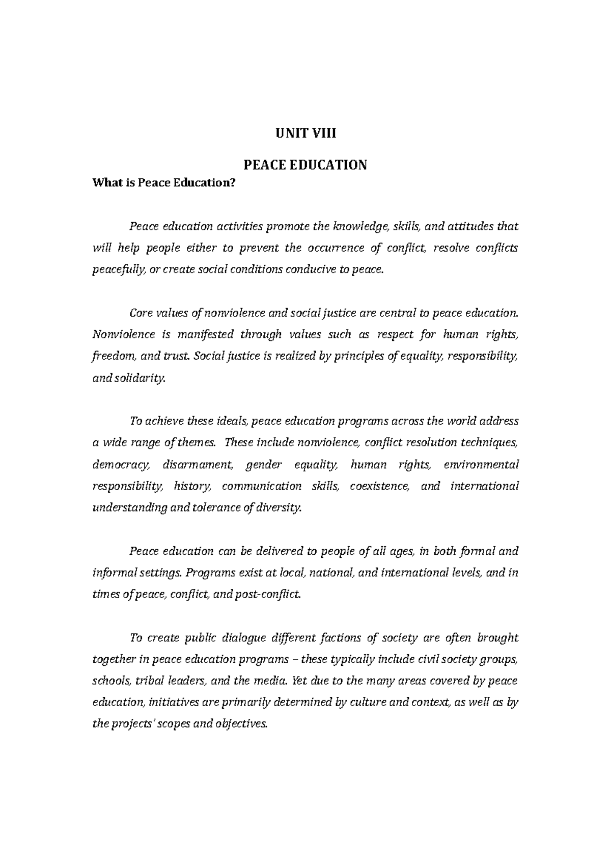 NSTP UNIT VIII: Understanding Peace Education and Its Components - Studocu