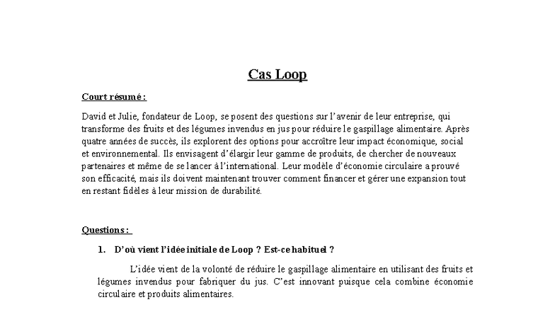 Cas Loop - Étude de Cas sur l'Impact Économique et Environnemental ...