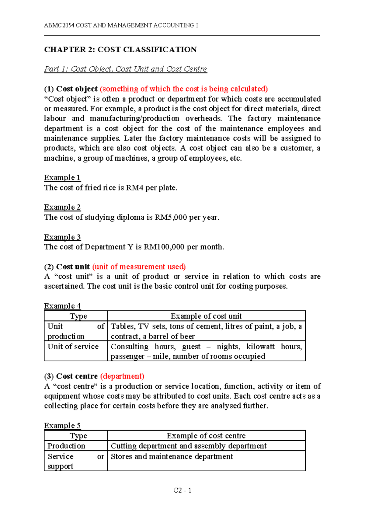 ABMC2054 COST AND MANAGEMENT ACCOUNTING I CHAPTER 2: COST ...