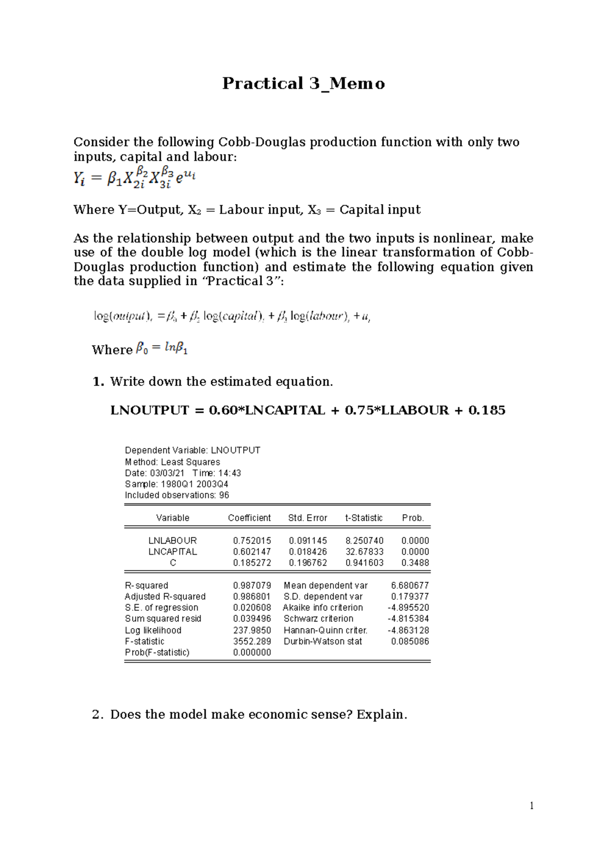 Practical 3 Memo: Estimating Nonlinear Production Function in EVIEWS ...