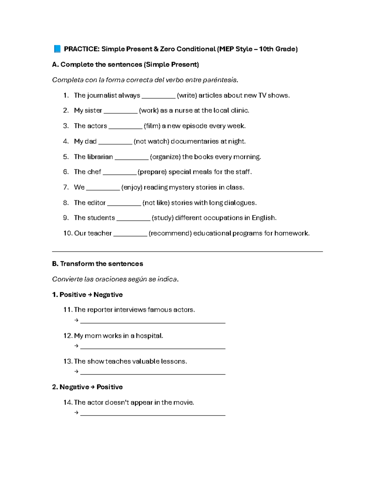 PRACTICE: Simple Present & Zero Conditional (MEP 10th Grade) - Studocu