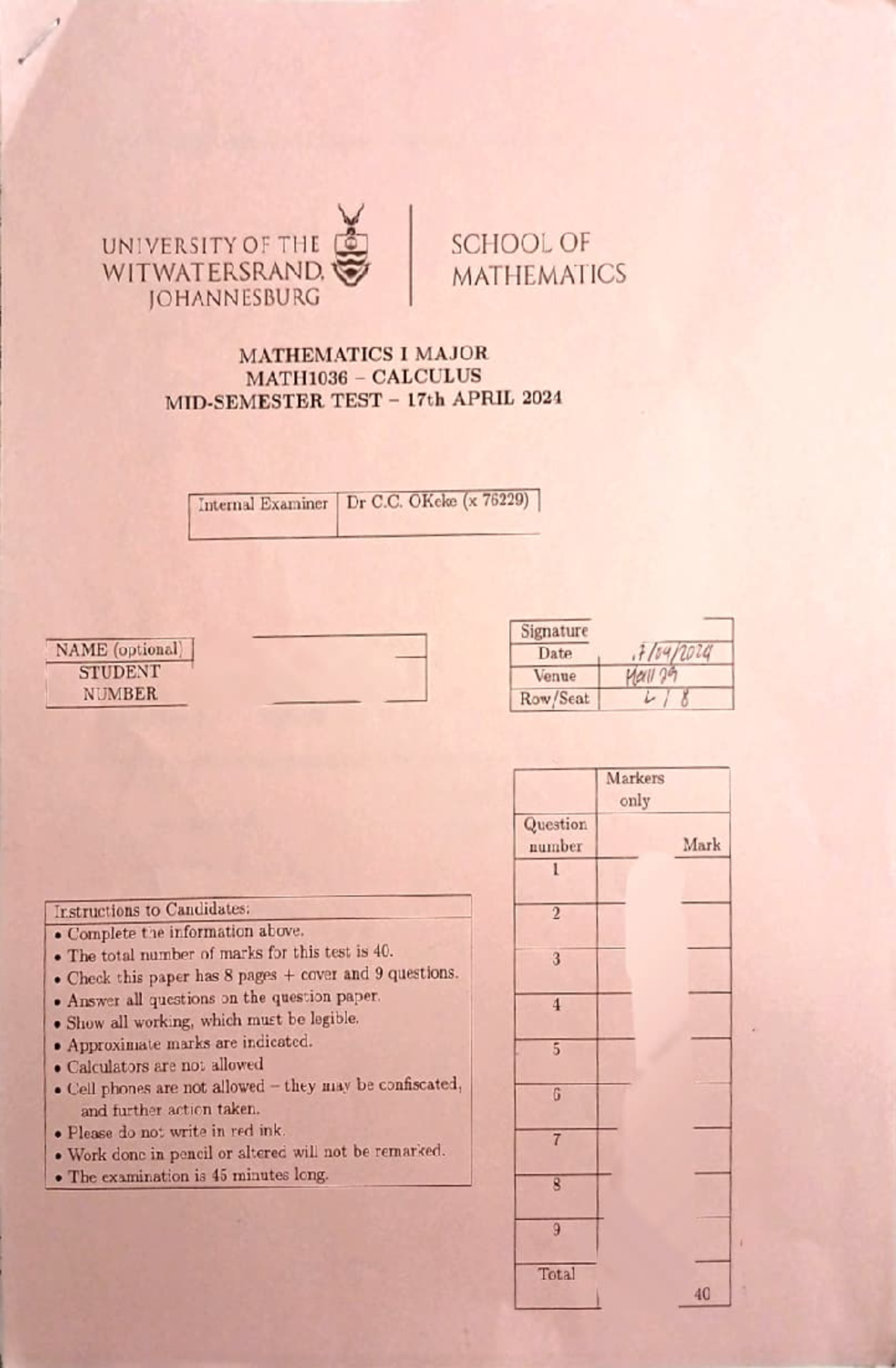 MATH1036 - Mid-Semester Test - Calculus - April 17, 2024 - Studocu