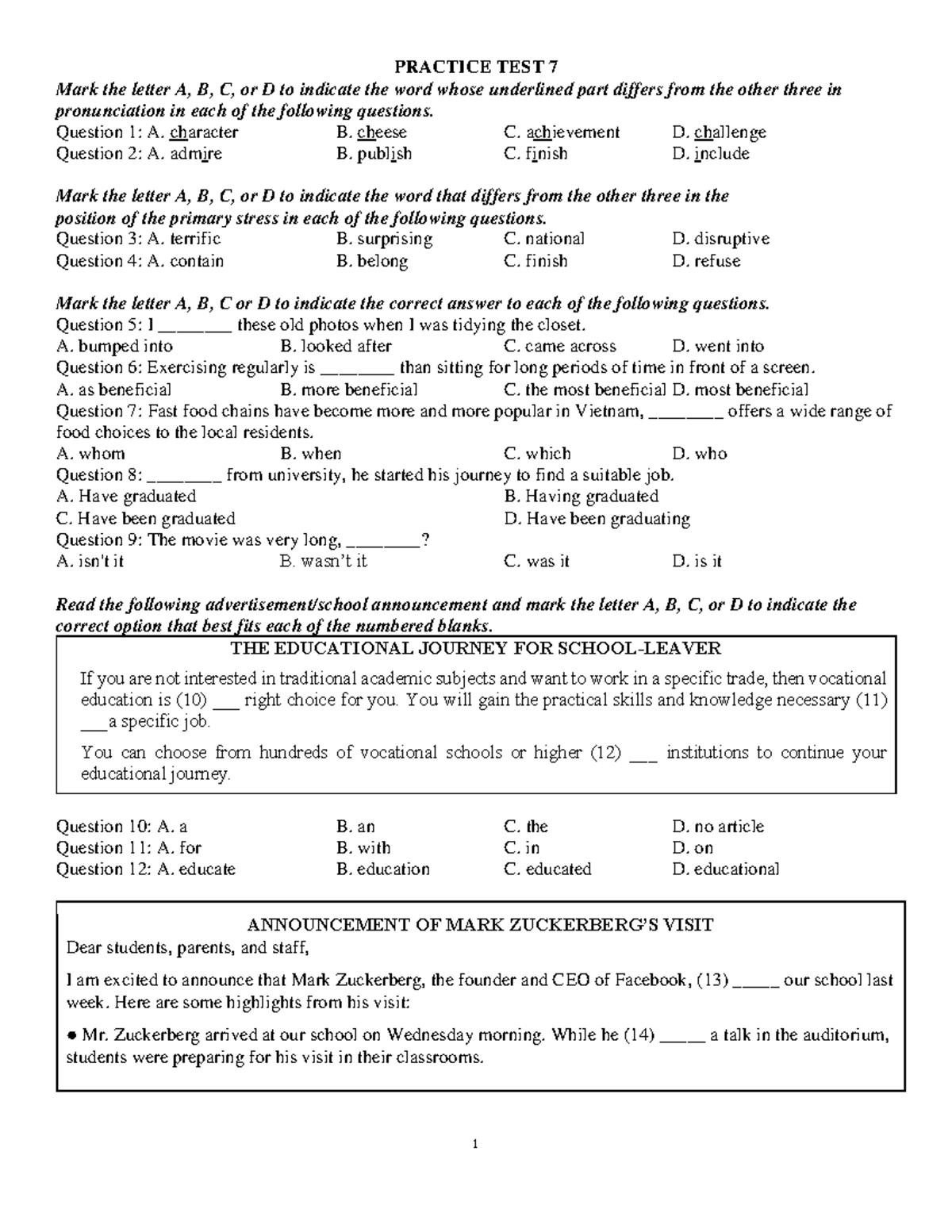 PRACTICE TEST 7 & 8 - English Language Skills Assessment - Studocu