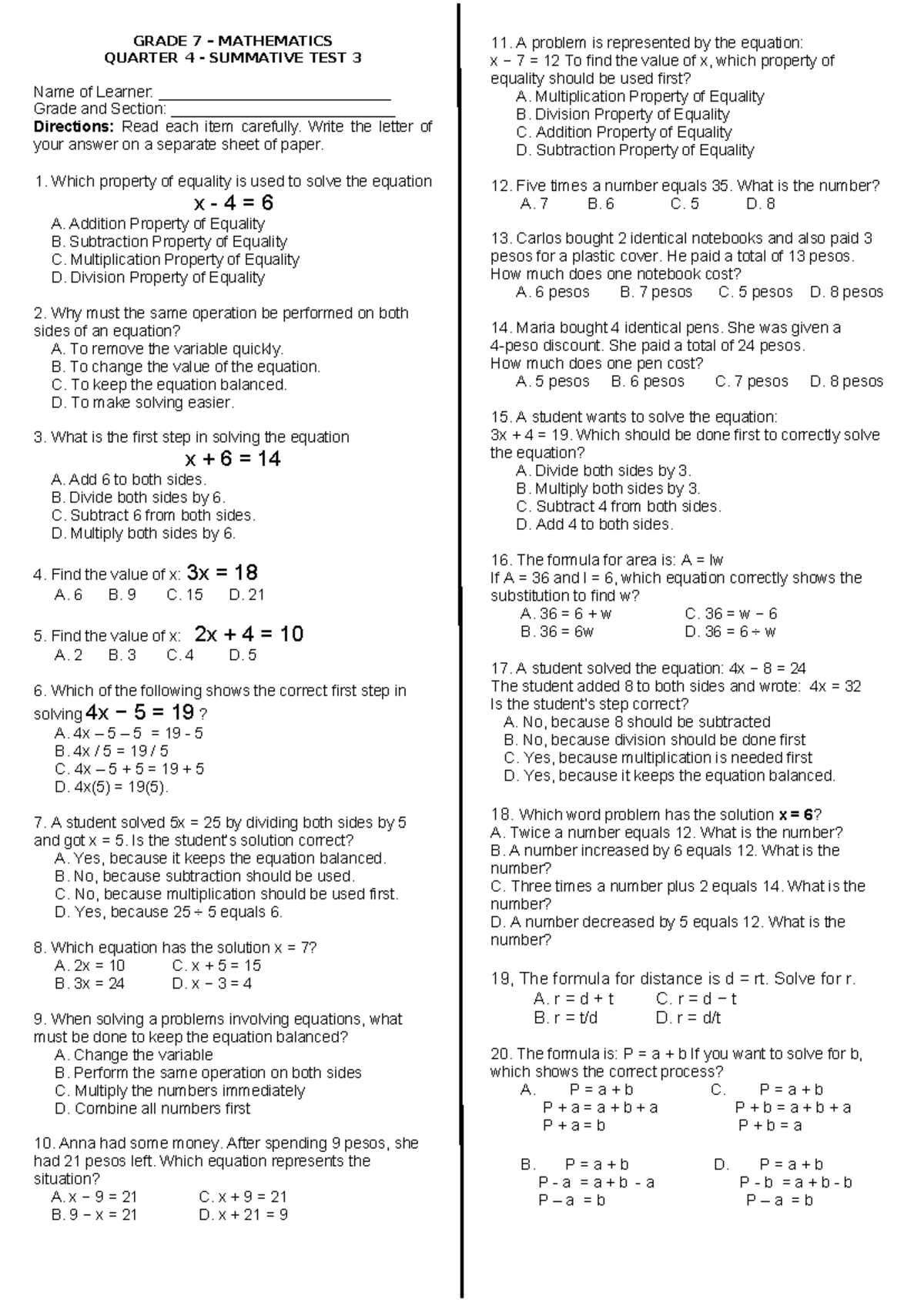 GRADE 7 MATHEMATICS Q4 SUMMATIVE TEST 3 - Studocu
