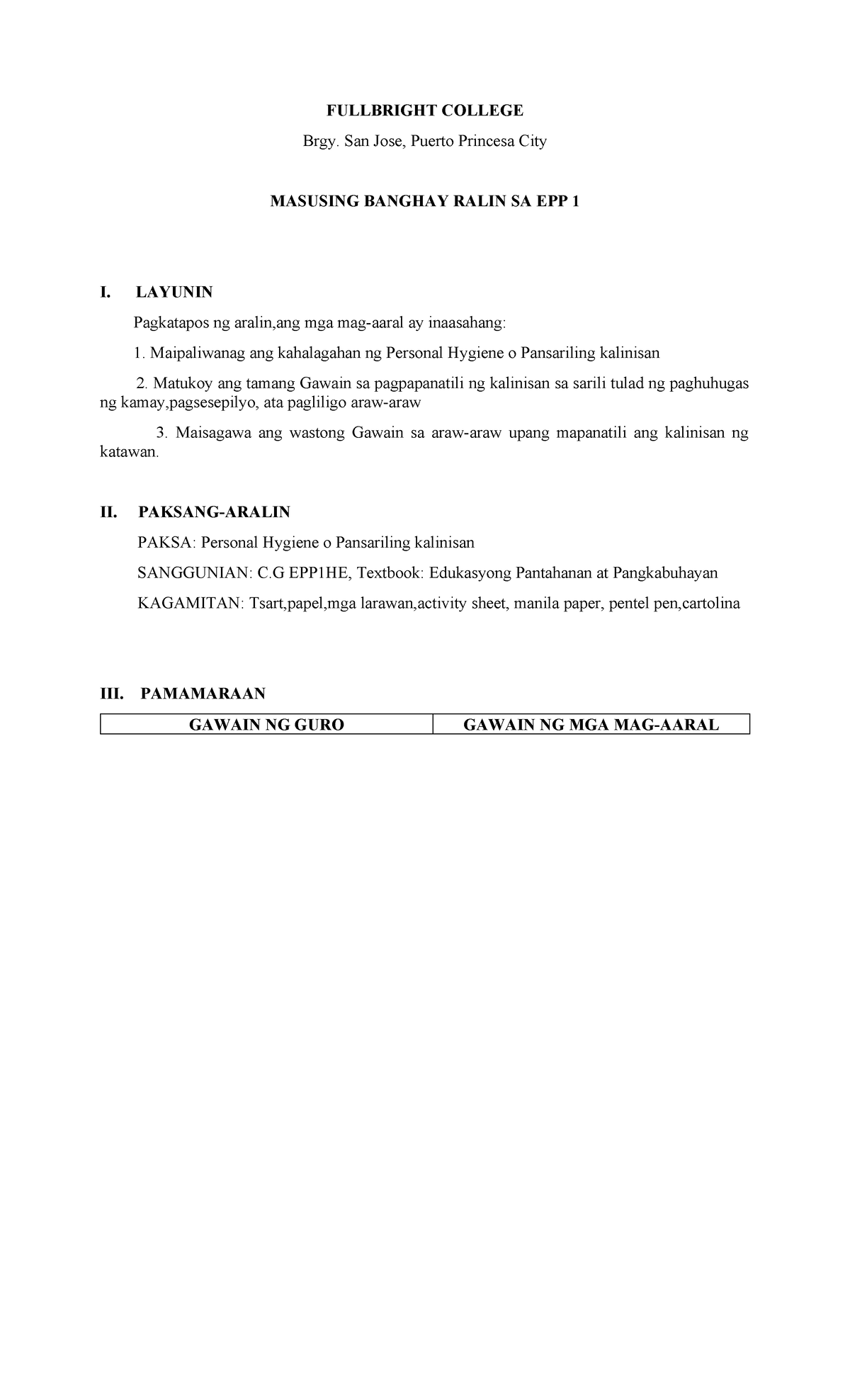 Lesson Plan on Personal Hygiene for EPP 1 - Fullbright College - Studocu