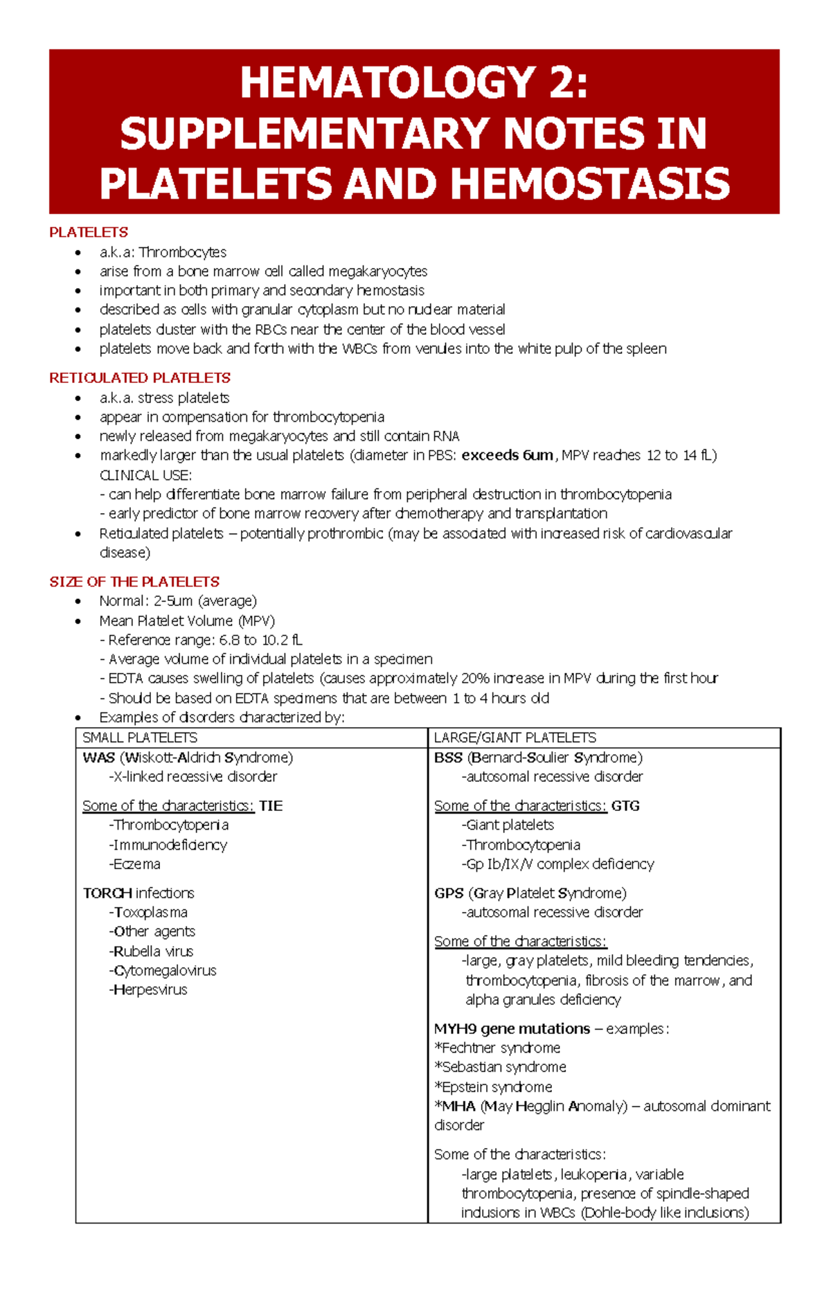 HEMA2 Prefi Supplementary Notes - PLATELETS a.k: Thrombocytes arise ...
