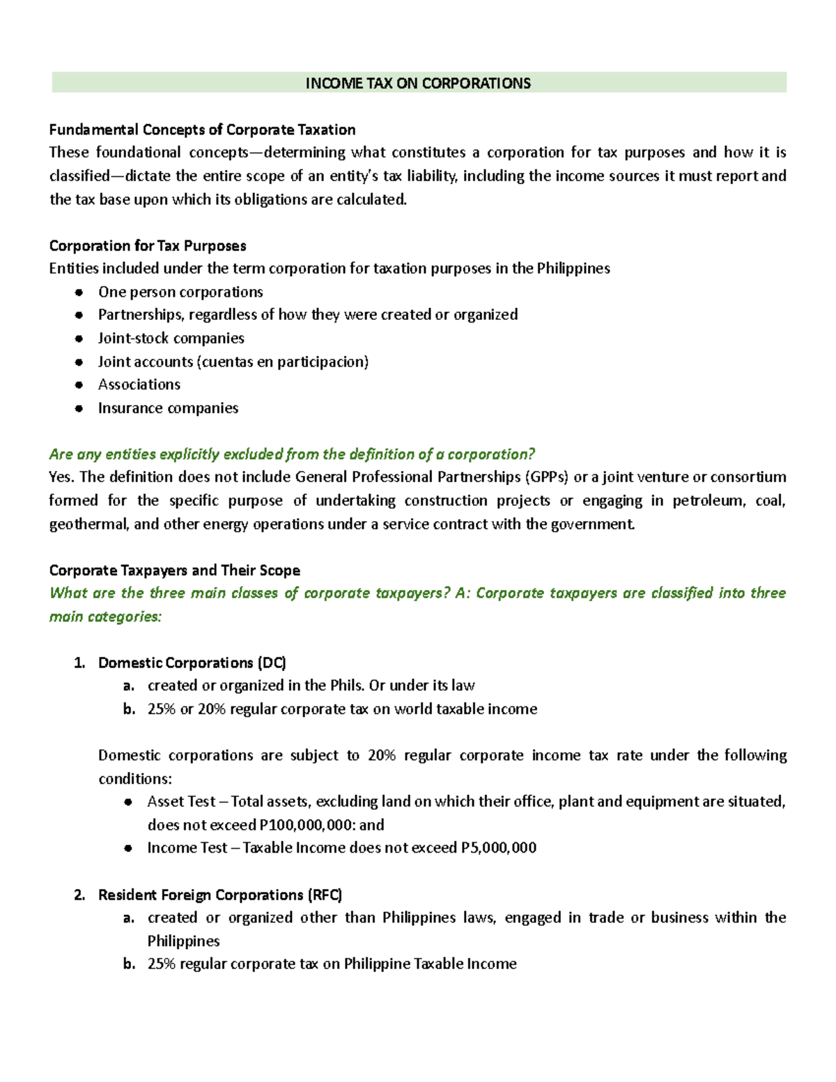 Taxation on Corporations: Fundamental Concepts and Classifications ...