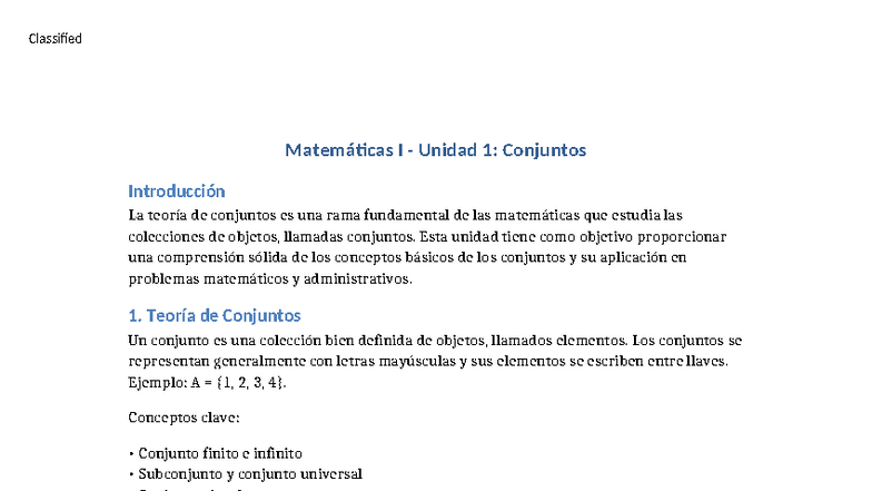 Matemáticas I: Unidad 1 - Introducción a los Conjuntos - Studocu