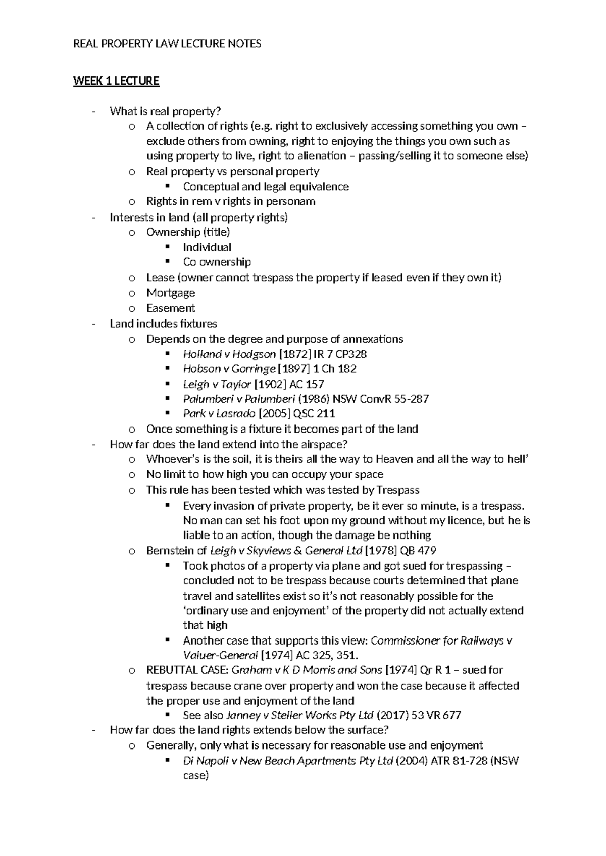 REAL Property LAW Lecture Notes - WEEK 1 LECTURE What is real property ...