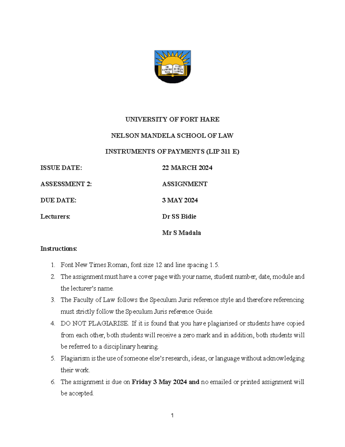 Assessment 2 - Assignment - 2024 - 1 UNIVERSITY OF FORT HARE NELSON ...