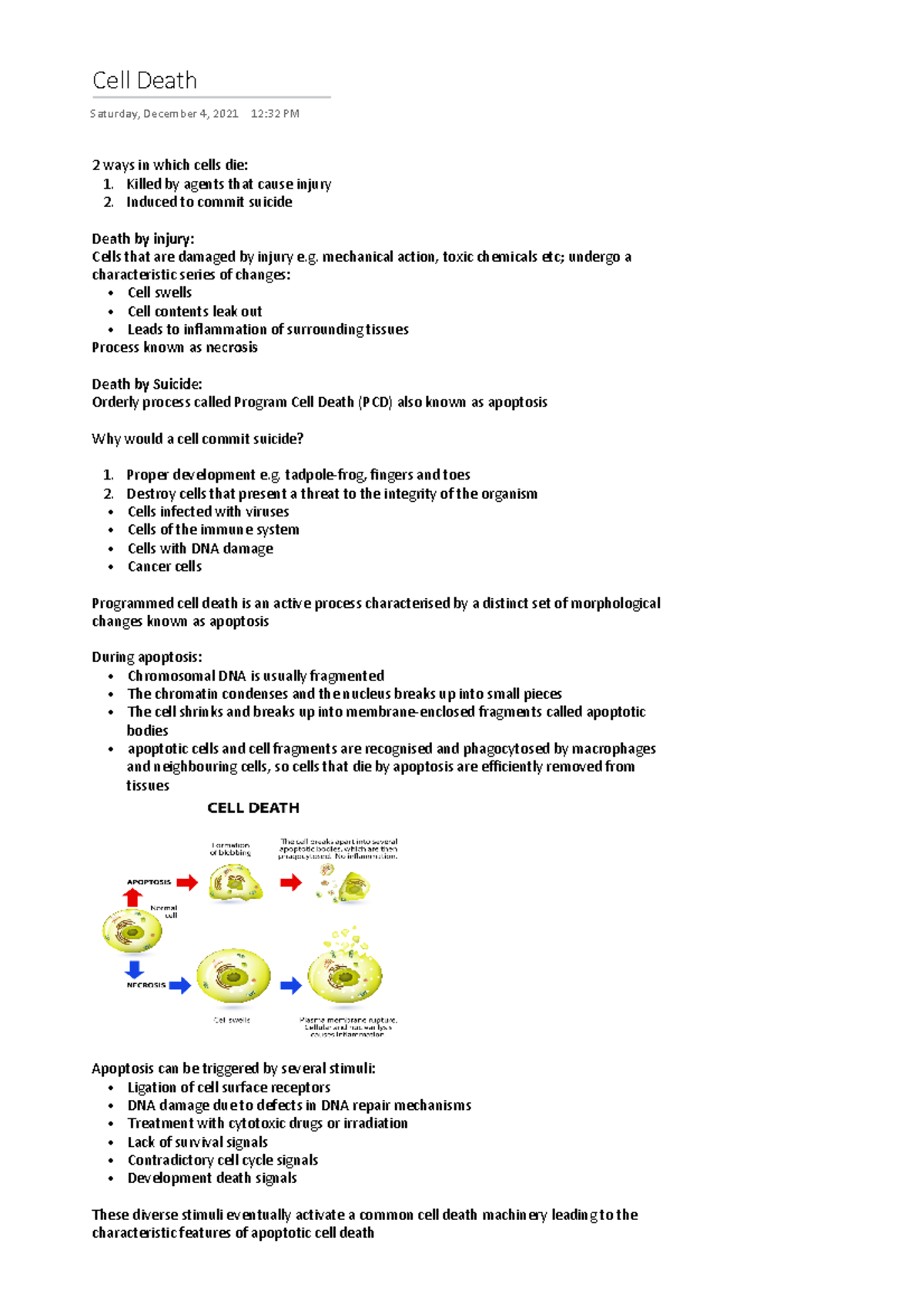 Cell Death notes - Cell Death Saturday, December 4, 2021 12:32 PM 2 ...