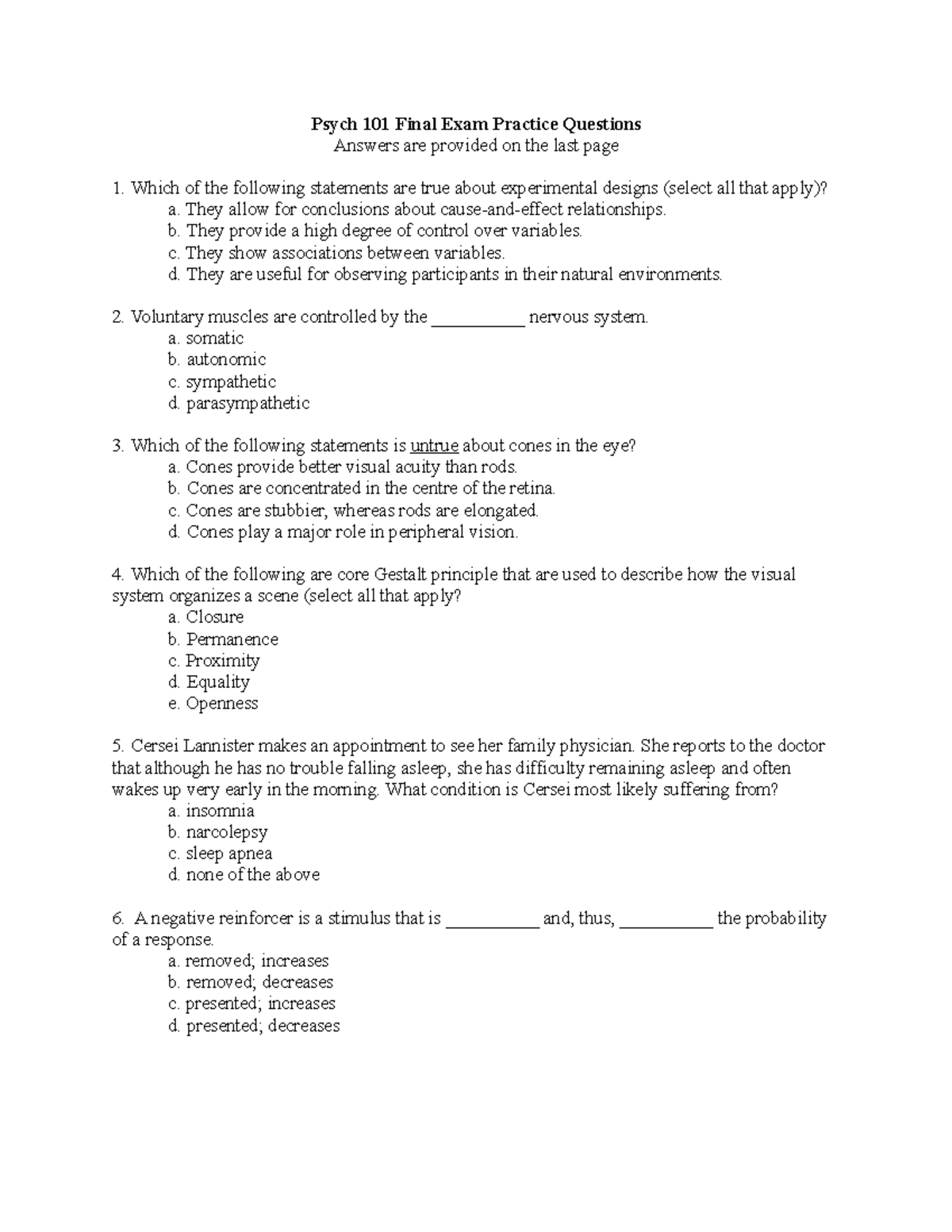 Psych 101 Final Exam Practice Questions - Psych 101 Final Exam Practice ...