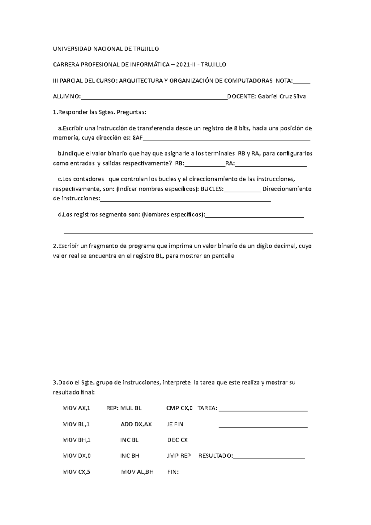 III Parcial Arq. y Org. de Computadores 2021-II - Trujillo - Document Preview